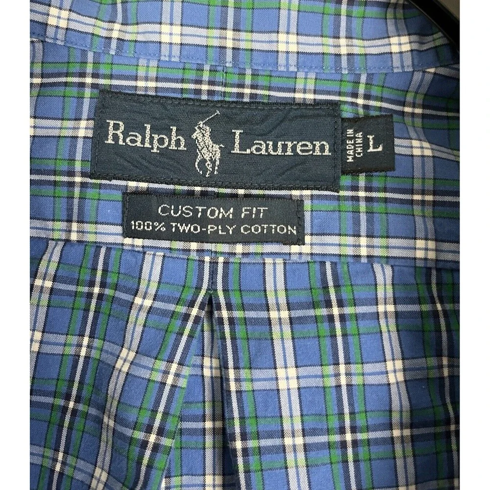 Polo Ralph Lauren Shirt Men Large Blue Check Custom Fit Gingham Button Up Casual
